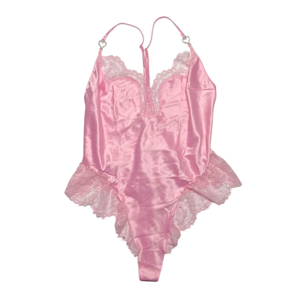 Victoria's Secret Satin Lace Shine Heart Hardware High-Leg Romper Teddy Size XS